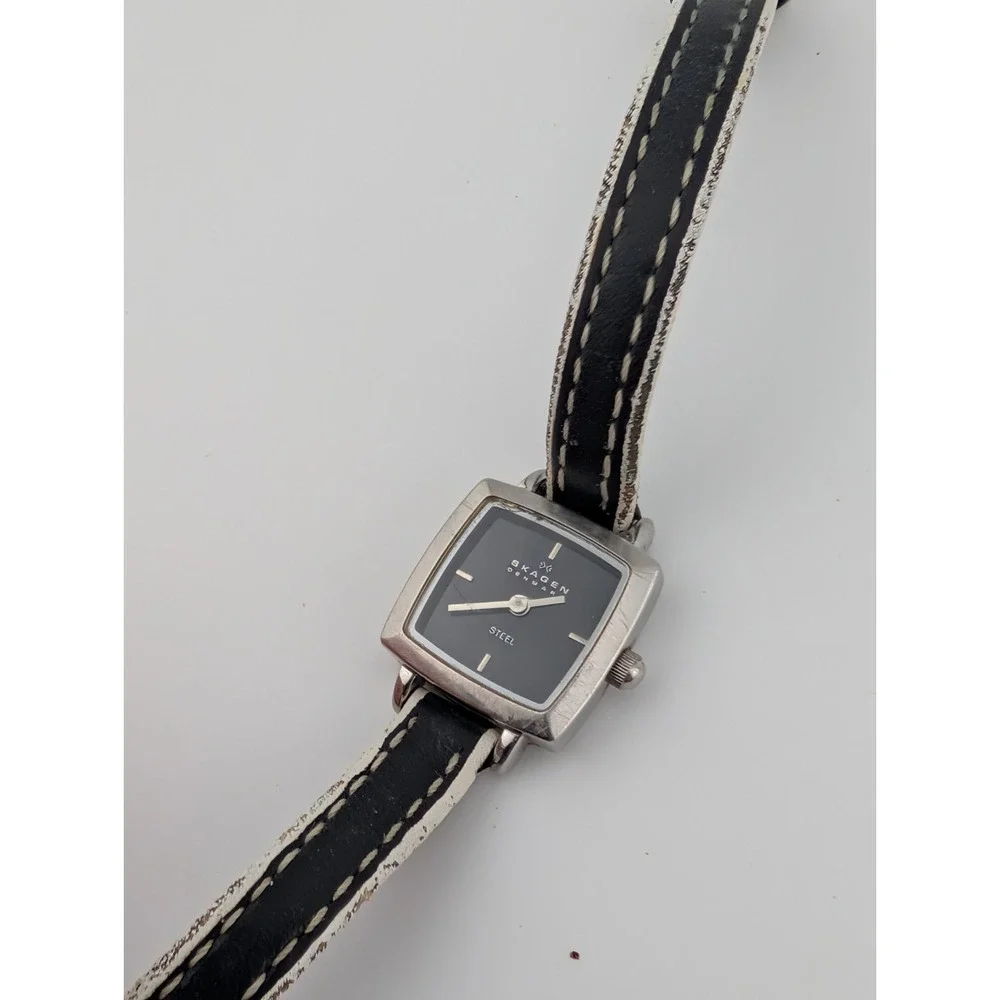Skagen Steel Watch Women 17mm‎ Case Petite Black Leather Band- New Battery